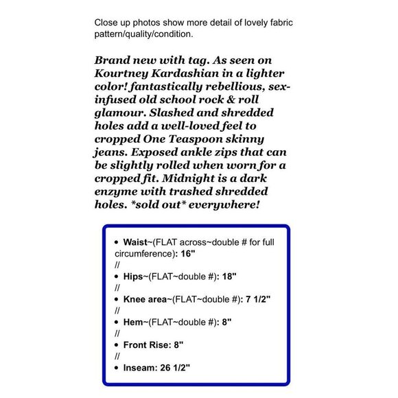 One Teaspoon Sz 27 Trashed Freebirds Crop Denim Jeans Skinny Dark Blue Women NWT - Picture 11 of 11